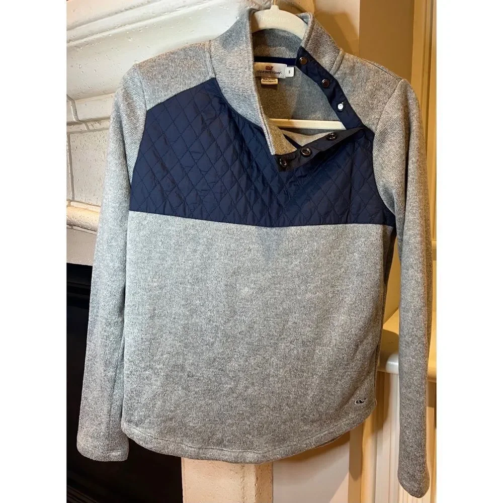 Vineyard Vines Women’s Mixed Media Quilted Pullover Navy Blue Grey Size Small